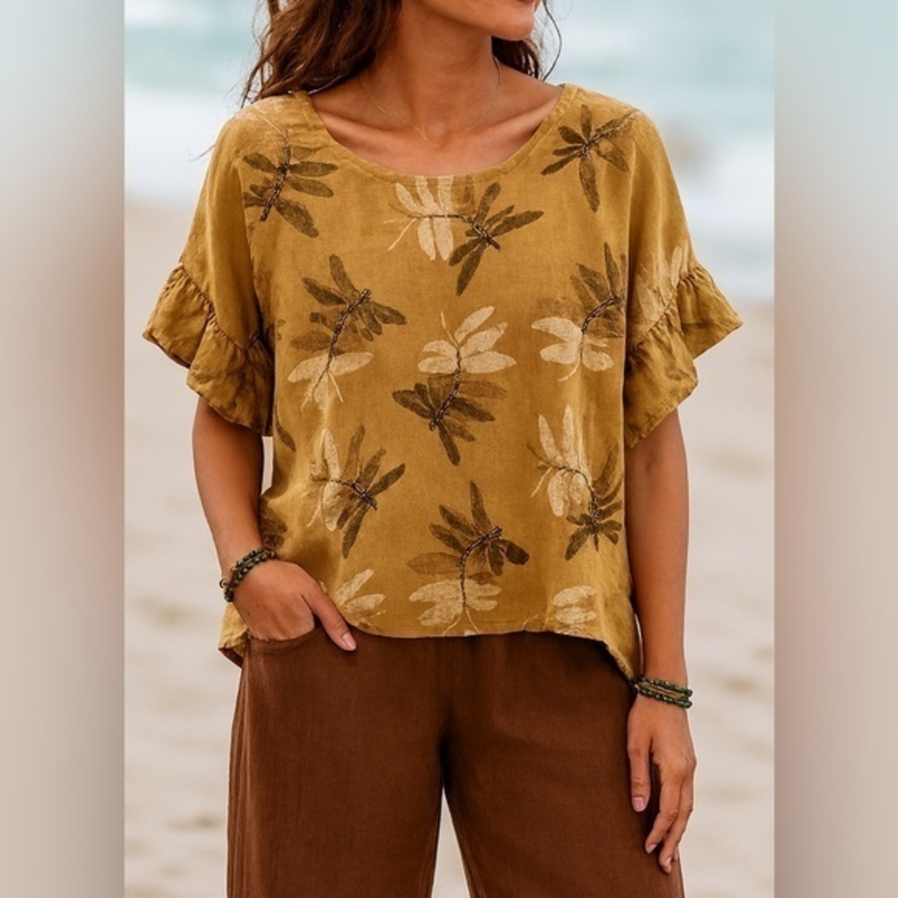 ELENA BALDI Italy  100% Linen Dragonfly Boxy Lagenlook Top SZ Medium